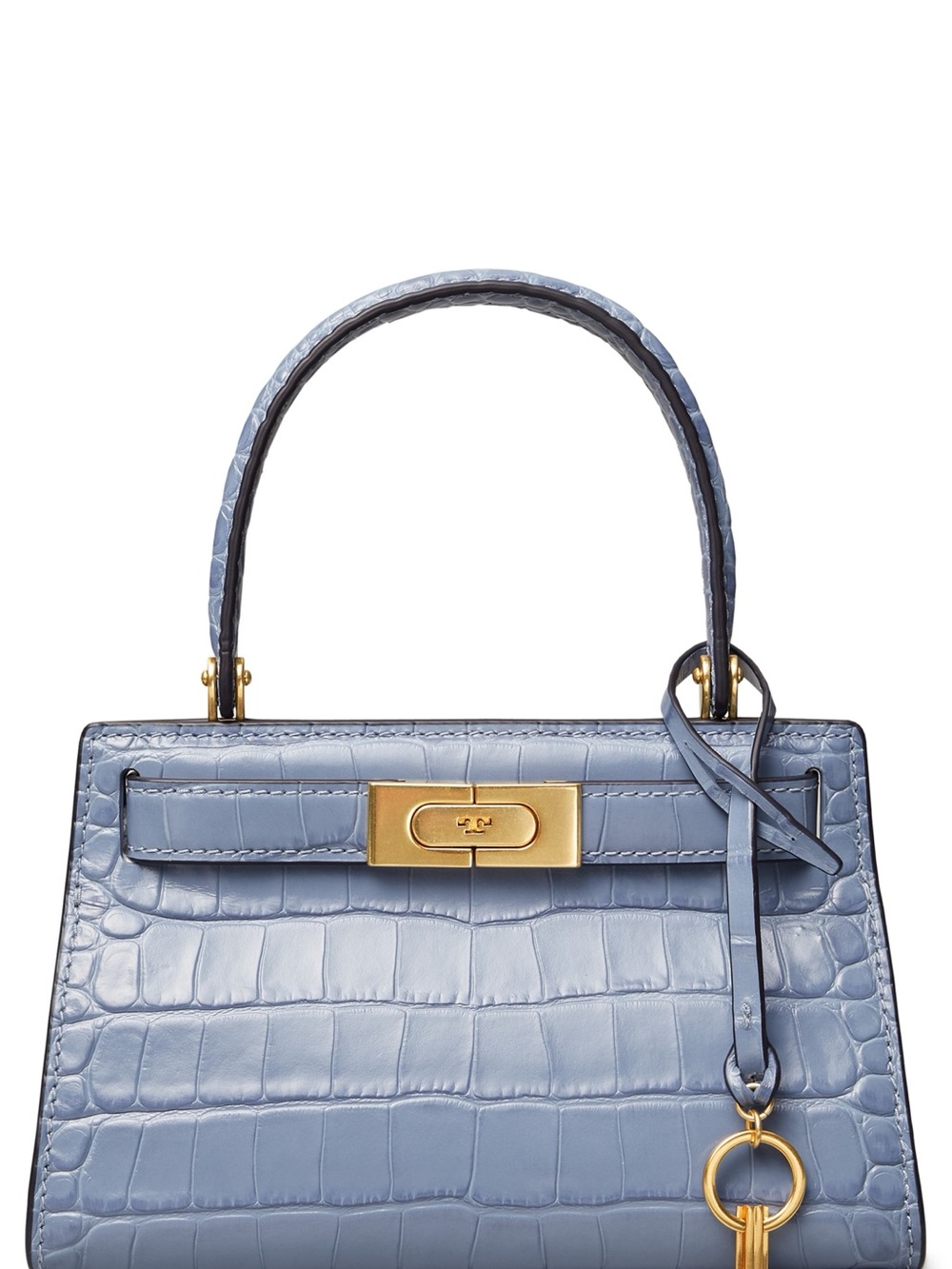 Rare Tory Burch Powder Blue Croc-Embossed Top Handle Bag with Gold Hardware